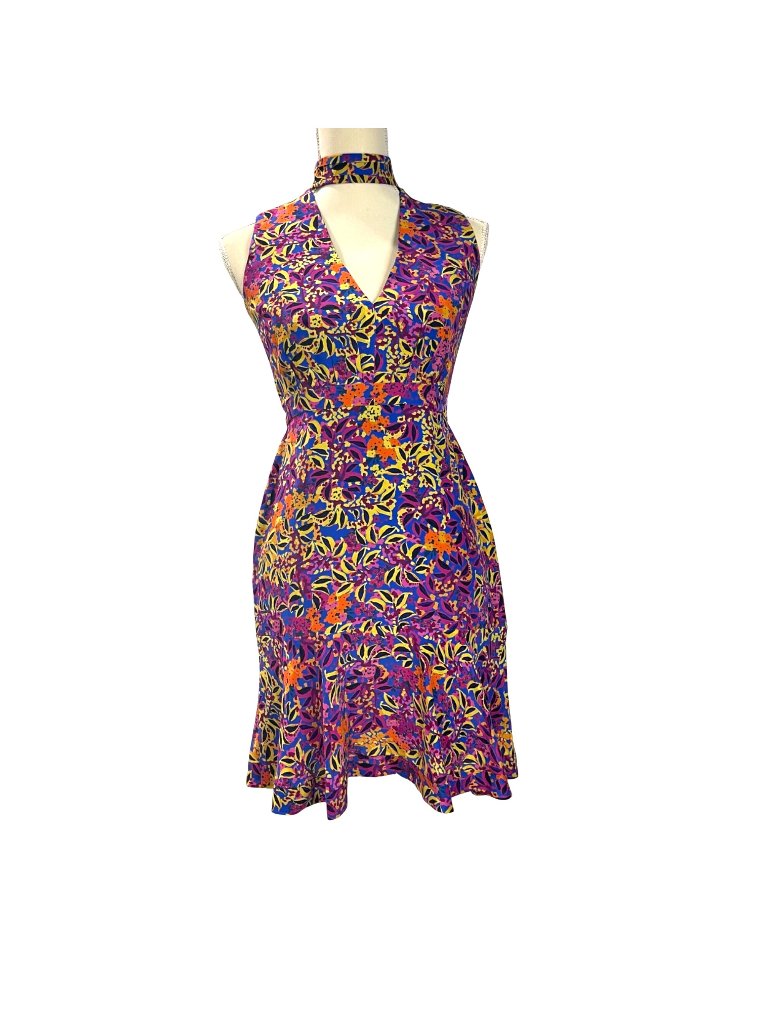 Solani Fleur Silk Mini Dress Women's Size 6 Colorful Plunging V-Neck Choker